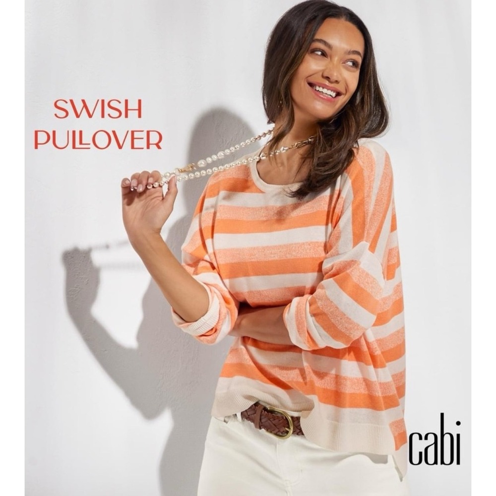 Cabi Striped Swish Linen Blend Oversized Sweater XS Coral Pullover Knit‎ Top